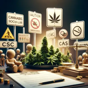 Ein Bild, das eine stilisierte Darstellung der Herausforderungen bei der Gründung eines Cannabis Social Clubs visualisiert, mit verschiedenen Verkehrsschildern, die auf die regulatorischen Warnungen und Beschränkungen hinweisen. Im Vordergrund befinden sich eine Cannabis-Pflanze, Waagschalen der Justiz, Münzen und ein Vertragsdokument, umrahmt von anonymen Figuren, was die Komplexität und die finanziellen sowie rechtlichen Aspekte in diesem Kontext unterstreicht.